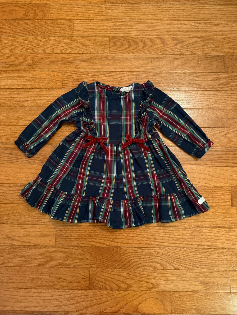 RuffleButts Winter Night Plaid Velvet Bow Holiday Dress
